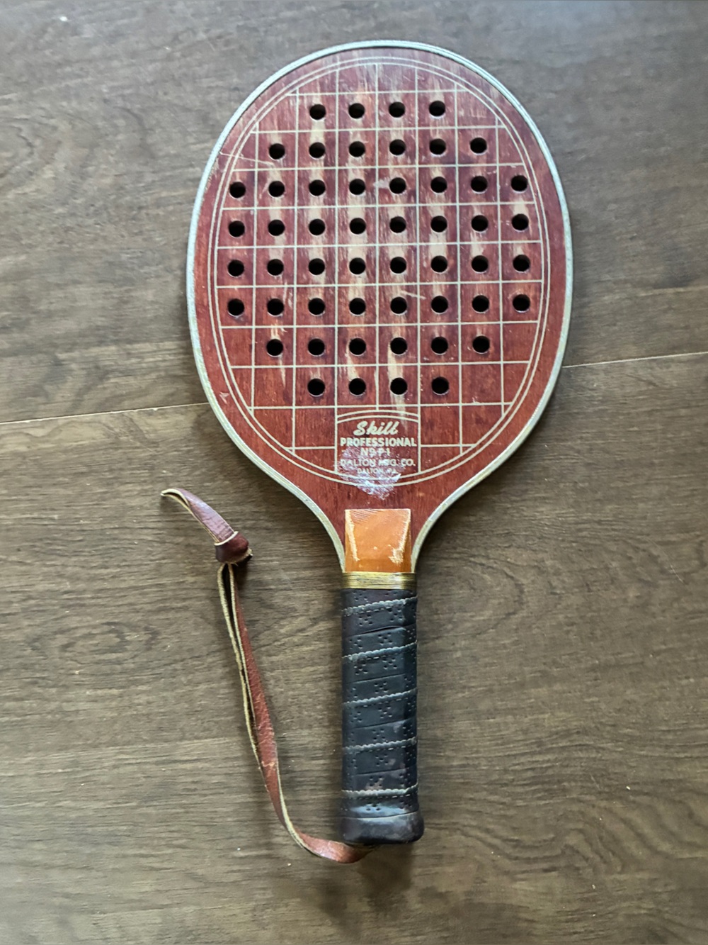 Vintage Bantam Dalton Paddle Ball Racquet Large Leather Wood Black Handle